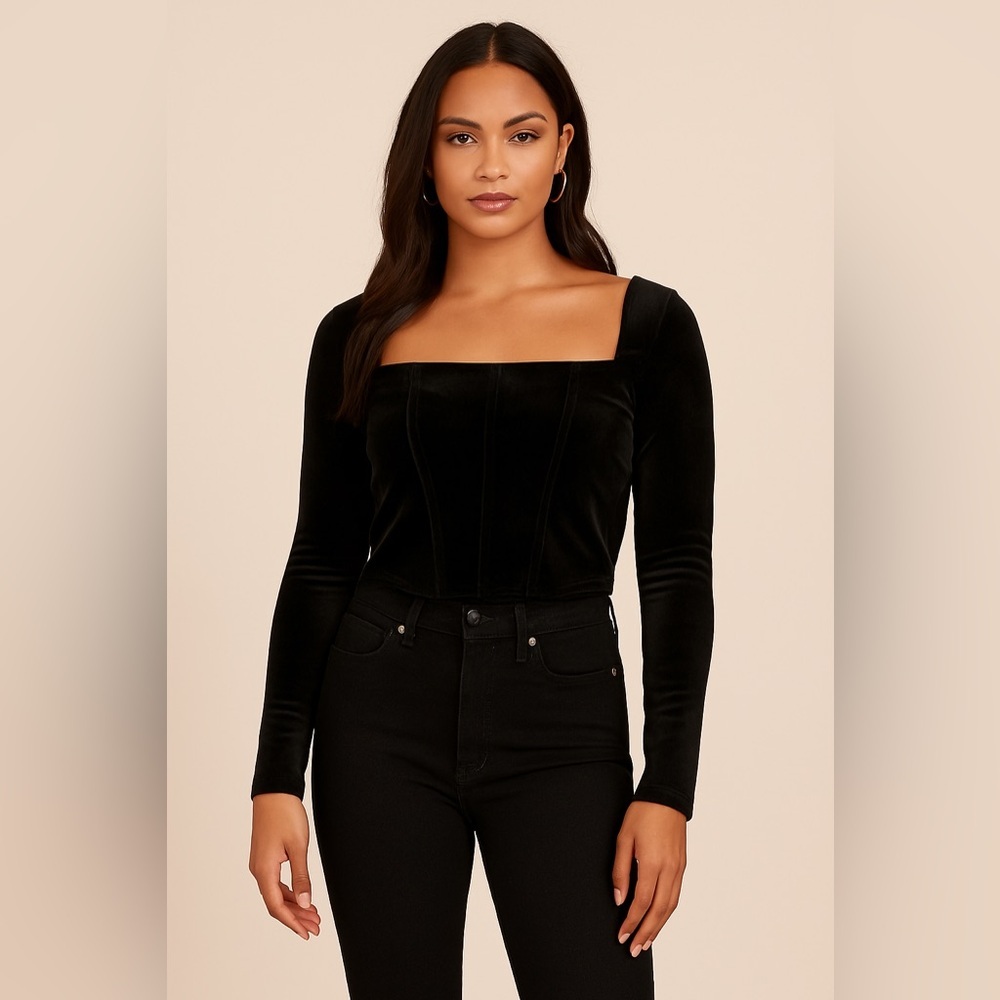NWT Lush Velvet Corset-Look Long Sleeve Top – Sizes XS & M